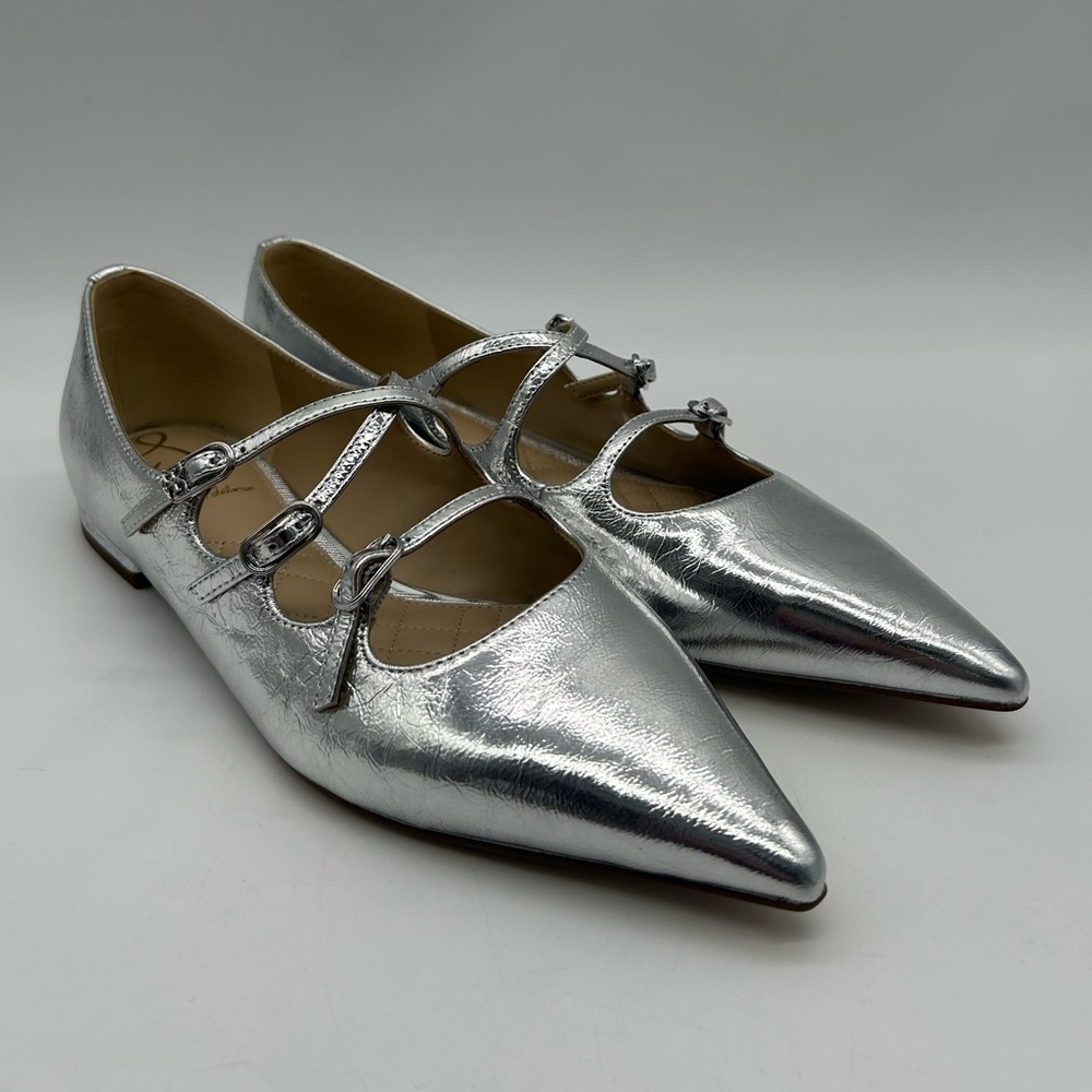 Sam Edelman Cass Silver Leather Pointed Toe 3-Strap Flats Sz 7.5 M New
With Box - Picture 4 of 11